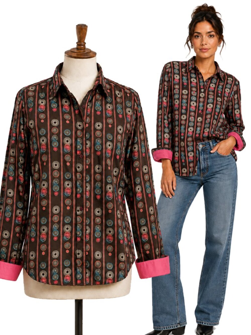 Made on Earth Women’s L Retro Mod Artsy Eclectic Geometric Floral Button Shirt